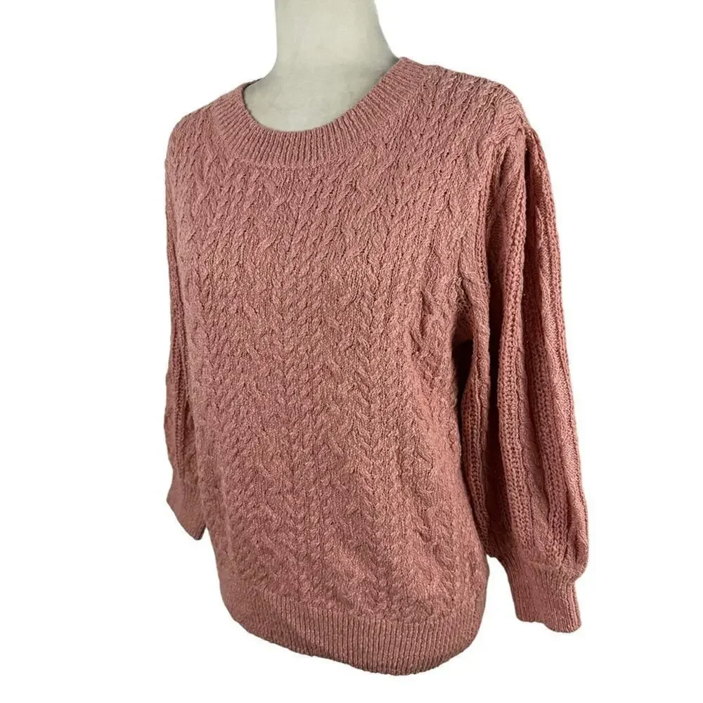 New Free People Villa Cable Pullover Sweater in Pink Bubble Bath Size XL Barbie